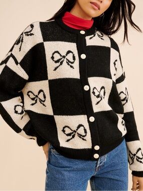 Lisa Says Gah Lauda Knit Cardigan black bow checkered pattern Xs/s oversized